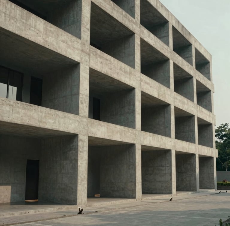 Cinematic side angle of modern concrete architectural facade in Hyderabad, sharp geometric shadows under diffused daylight, premium editorial framing.
