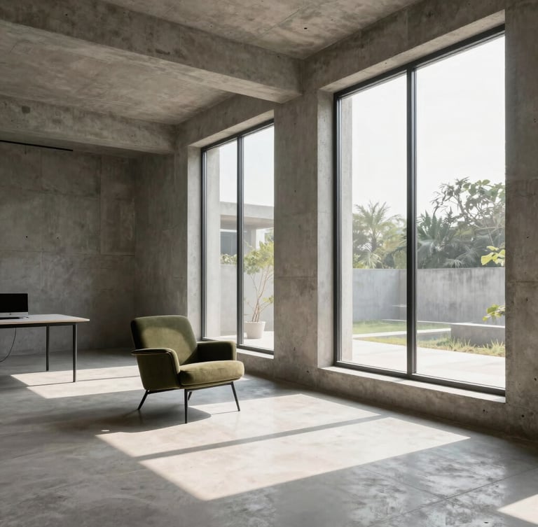Wide architectural view of a minimalist concrete design studio in Hyderabad, soft natural daylight streaming through high windows, olive green accent chair, sharp shadows