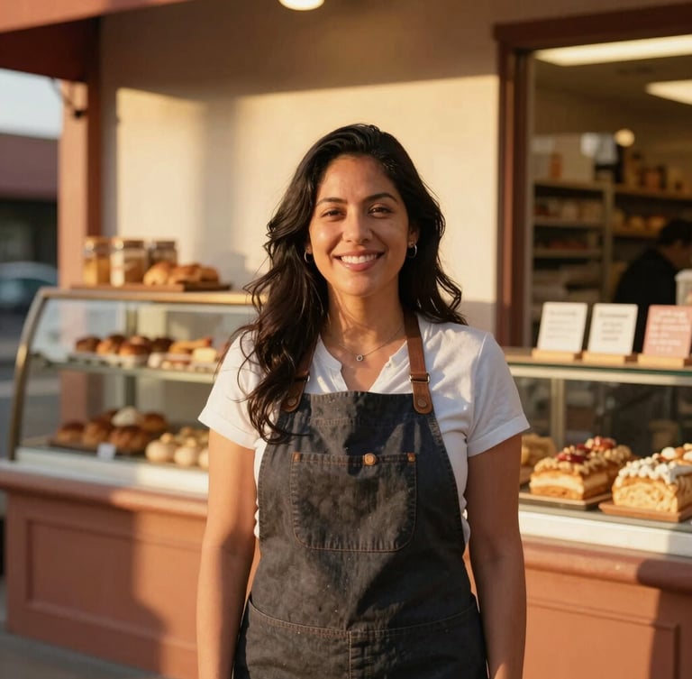 Warm editorial photography of a Hispanic female business owner smiling in her brightly lit bakery in California, natural golden-hour sunlight, rich terracotta tones, authentic community setting, 35mm lens.