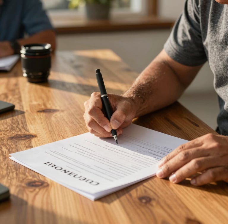 Hands of a Hispanic contractor signing business registration documents on a wooden table, warm California morning light, close-up environmental shot, 35mm lens