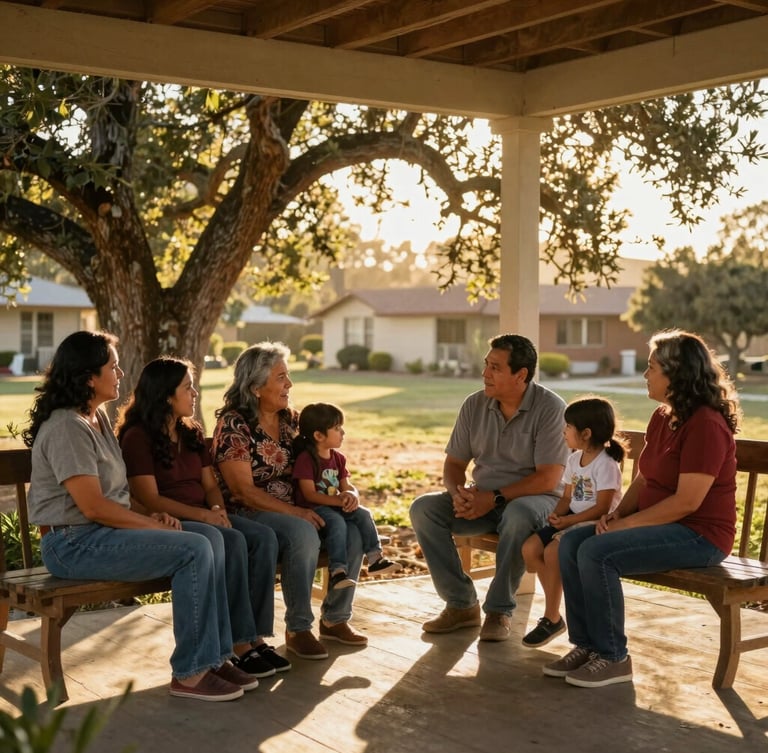 Warm editorial photography of a multigenerational Hispanic family chatting on a sun-drenched wooden porch in California, golden-hour sunlight filtering through oak trees, rich natural tones, authentic setting, 35mm lens.