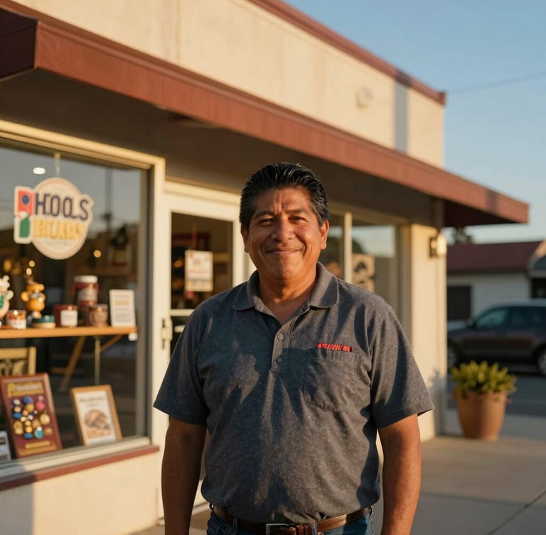 Warm editorial photography of a Hispanic shop owner in California smiling in front of her store, sun-drenched golden hour light, rich natural tones