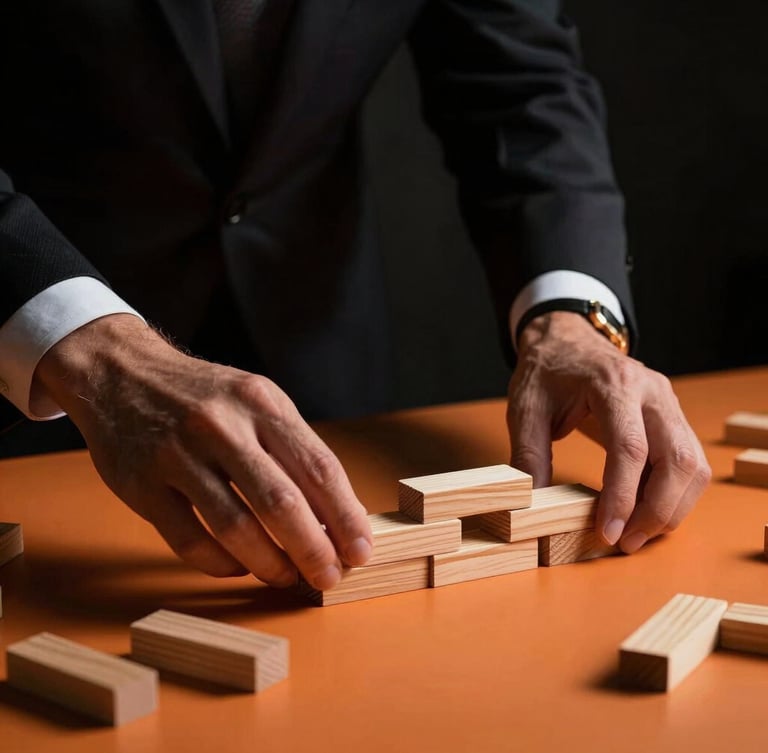 Hands of corporate professionals placing wooden game blocks on a table, dramatic warm orange lighting, dark charcoal background, high contrast, 35mm