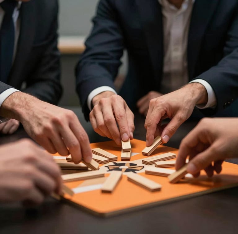 Dynamic medium close-up of professional team collaborating around a table, hands moving wooden game pieces, warm orange accent lighting, shallow depth of field, 35mm