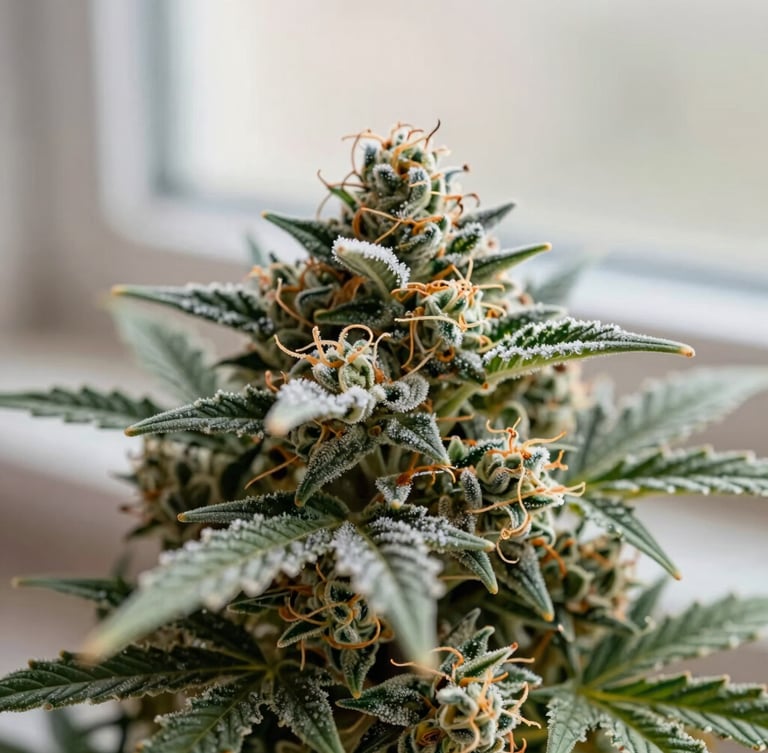 Macro shot of clean, frosty cannabis flower trichomes, soft natural window daylight, muted sage and warm sand tones, shallow depth of field