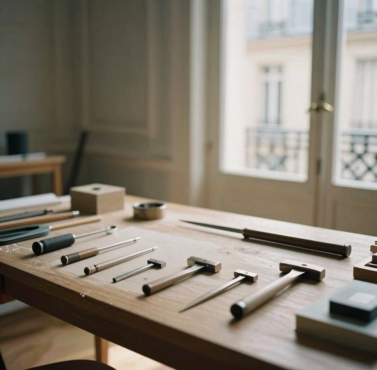 Neat architectural tools laid out precisely on a dust-free wooden workbench inside a classic Parisian apartment, soft daylight