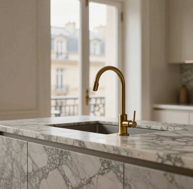 Close-up of a high-end kitchen island made of heavily veined Calacatta marble, brushed brass faucet, soft Parisian daylight from a tall window, warm editorial interior photography, 35mm
