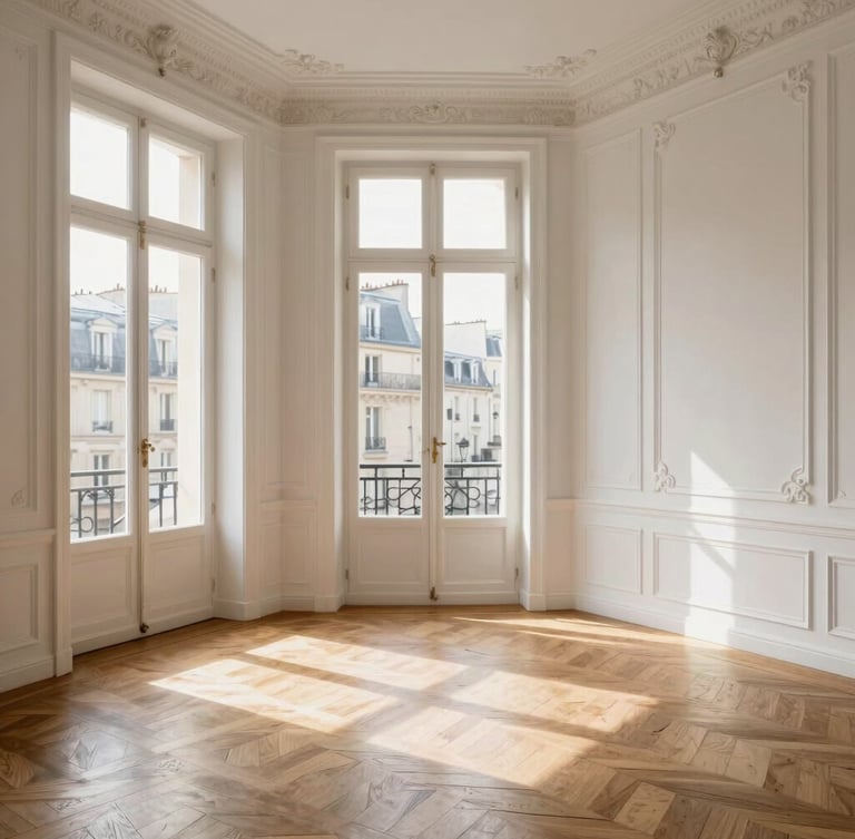 Architectural straight-on shot of a bright Parisian Haussmannian living room, elegant chevron oak parquet meeting clean white plaster walls, soft natural daylight streaming through tall windows, 35mm