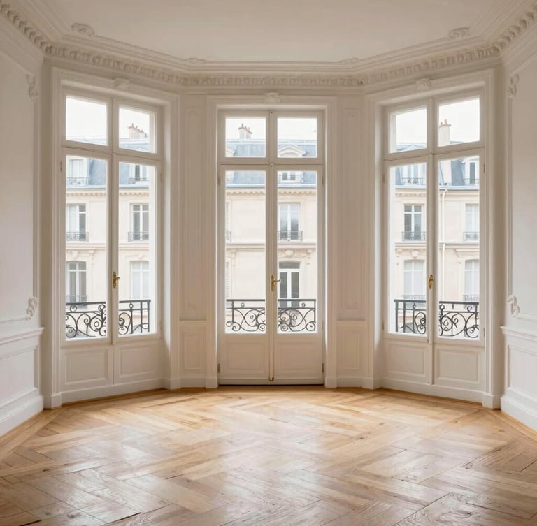 Architectural straight-on shot of a bright Parisian living room with tall windows, pristine white plaster walls, restored historic moldings, and herringbone oak parquet flooring, soft daylight