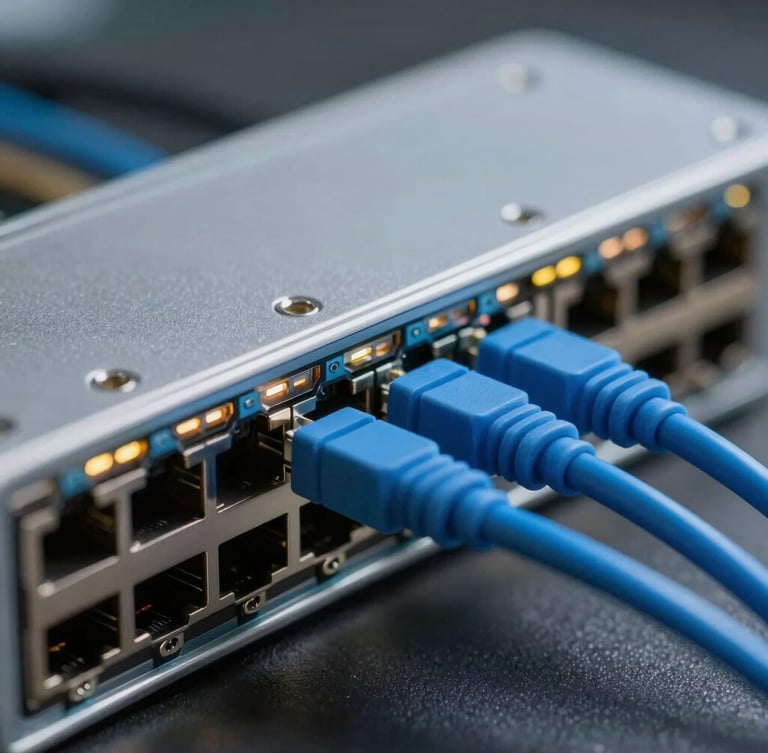 Macro close-up of a high-speed network switch with blue fiber optic cables plugged into structured ports, cool LED lighting, shallow depth of field.
