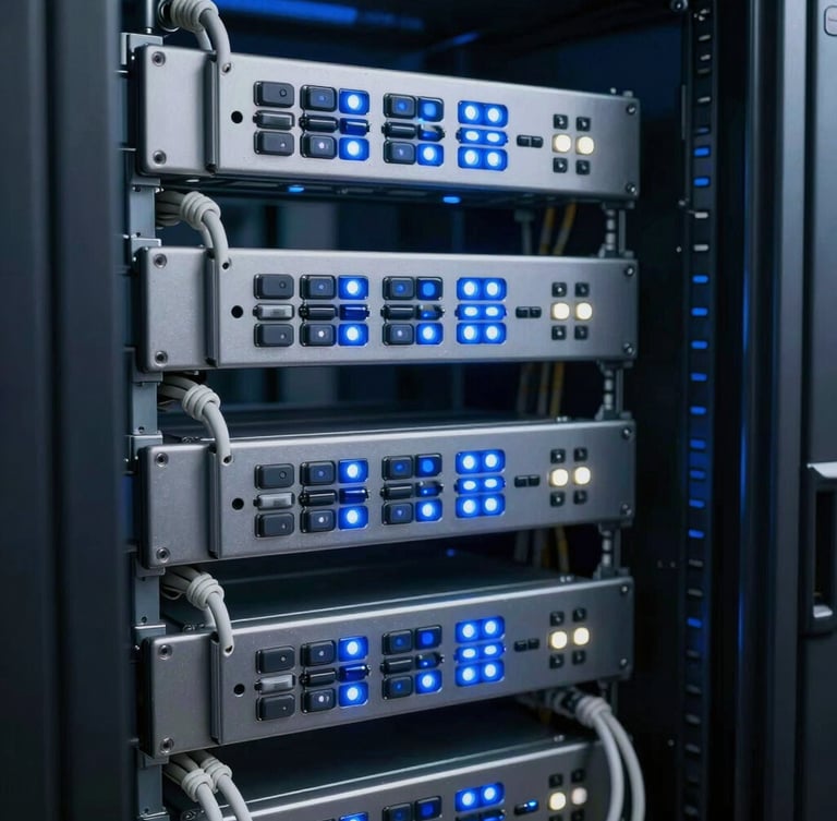 Vertical portrait of clean cable management in a server cabinet, blue and white status lights, geometric alignment.