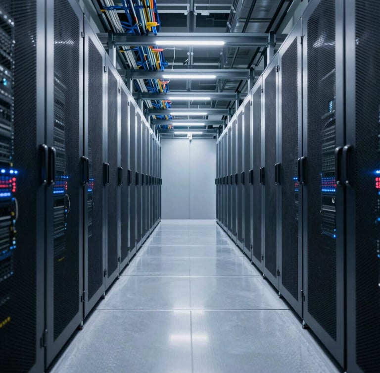 Wide angle shot of a pristine, modern server room corridor, cool blue and white LED highlights, reflective metallic floor, structured cable trays overhead, absolute order.