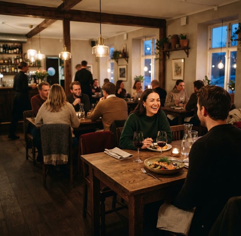 Warm editorial photography of a cozy Scandinavian-style restaurant dining room at dusk, warm interior glow from low pendant lights, rustic wooden tables, soft shadows, 35mm style