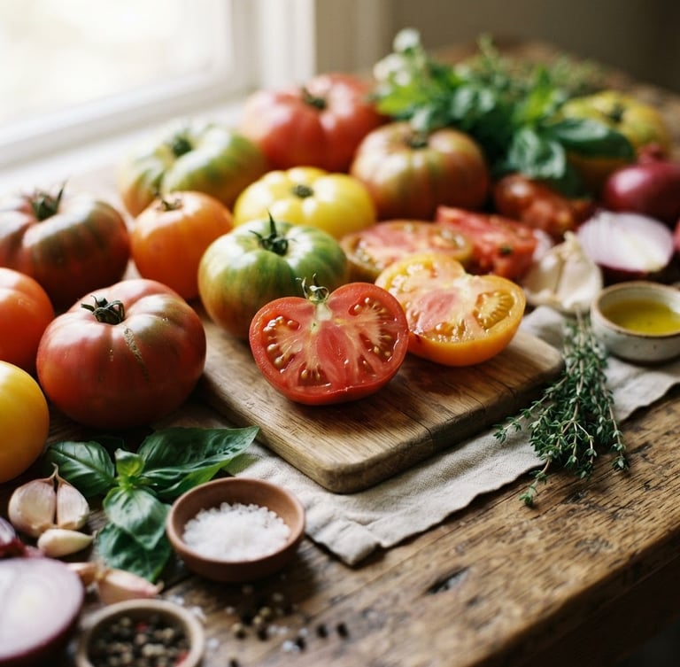 Close-up of vibrant heirloom tomatoes and raw ingredients on a rustic wooden table, soft morning window light, shallow depth of field, 35mm