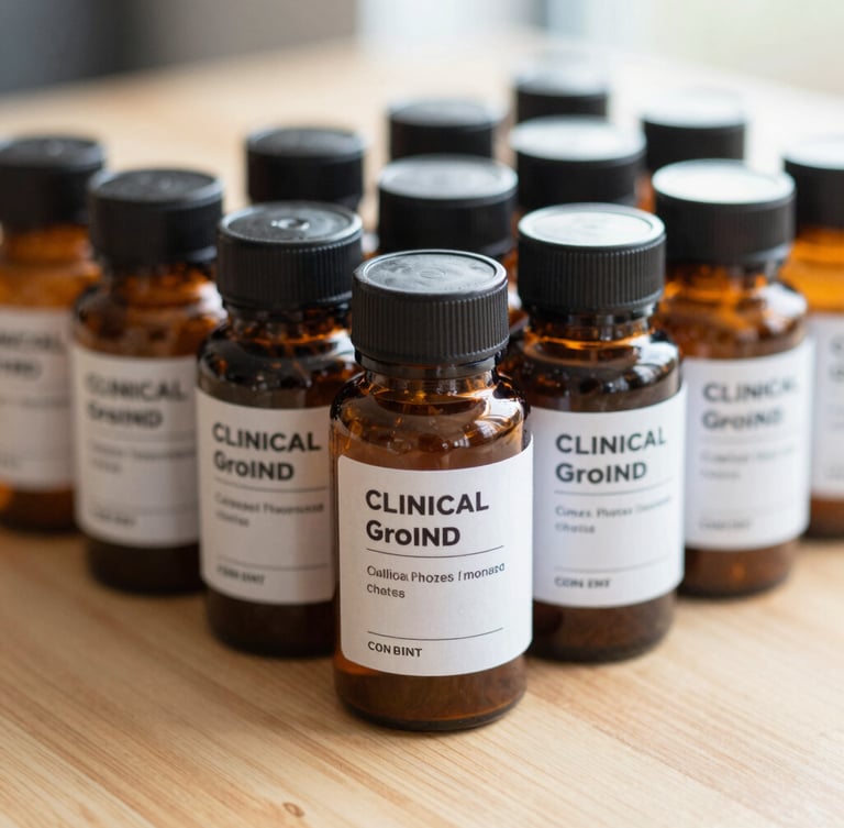 Close-up of clinical-grade amber supplement bottles arranged neatly on a light wood surface under diffused natural daylight.