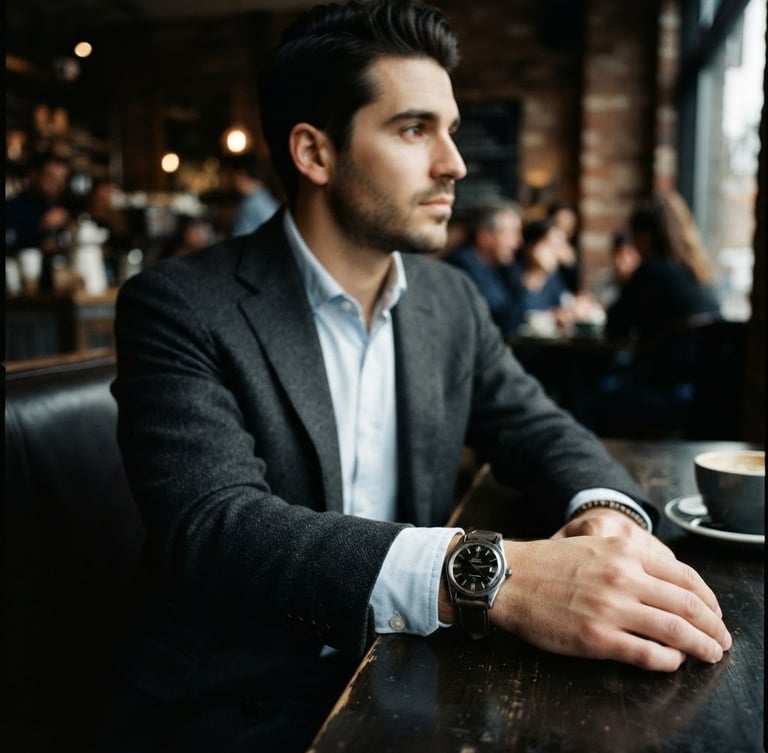Homem bem-vestido em um café urbano, iluminação natural suave, foco em um detalhe de relógio ou punho de camisa, enquadramento candid, olhando para fora da câmera, estilo GQ.