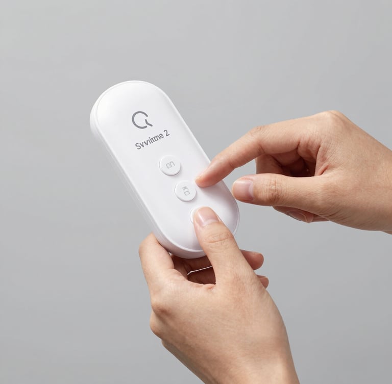 Upload approved SmartCane Device 2 photograph showing hands interacting with the tactile buttons, clean neutral gray background.