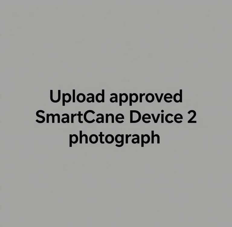 A neutral high-contrast placeholder graphic with the text 'Upload approved SmartCane Device 2 photograph' centered on a solid gray background.