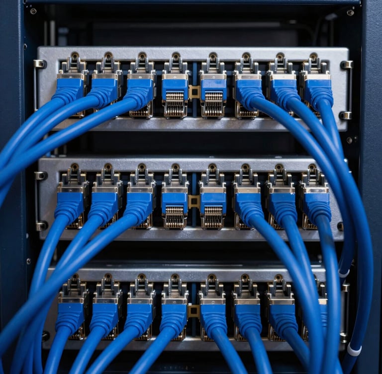 Symmetrical close-up of a perfectly combed server rack with royal blue Ethernet cables, sharp technical lighting, deep slate background.