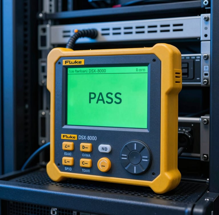A Fluke DSX-8000 cable analyzer screen displaying a bright green PASS result inside a clean server room, technical lighting.