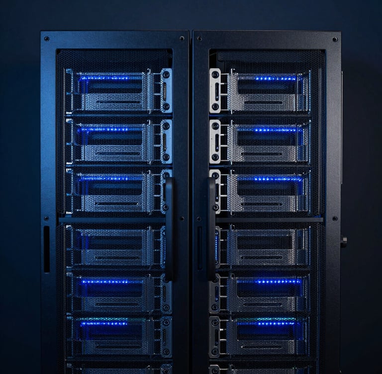 Symmetrical straight-on macro photograph of a perfectly combed server rack, clean blue and white LED highlights, deep slate background, sharp technical details.