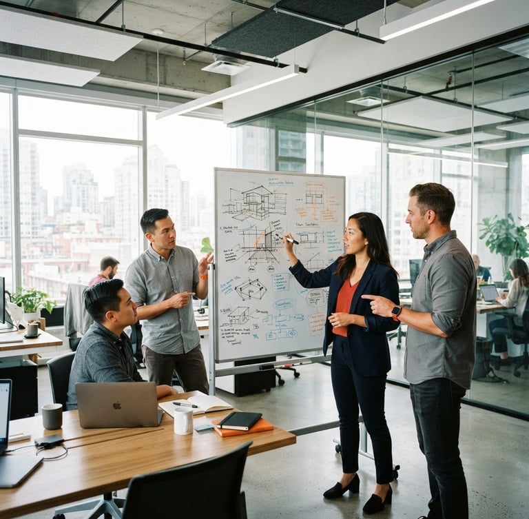 Wide shot of a modern, bright collaborative workspace, natural daylight, hands sketching on a whiteboard, architectural details of the office, high-contrast. Focus on team members actively engaged in discussion.