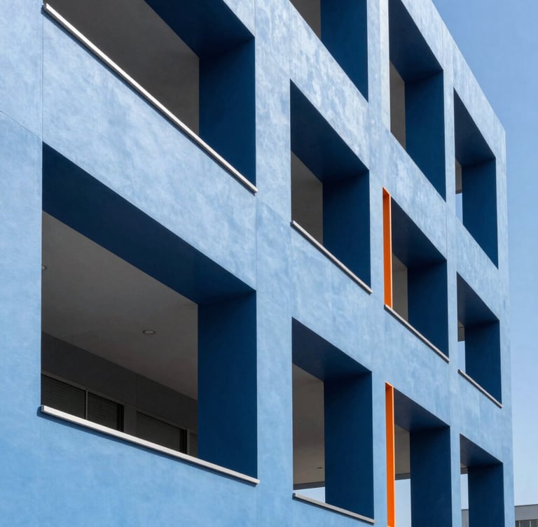 Architectural detail of a modern office interior, focusing on clean lines and a structured collaborative zone, bright natural daylight, crisp corporate blue, high-contrast, 35mm.