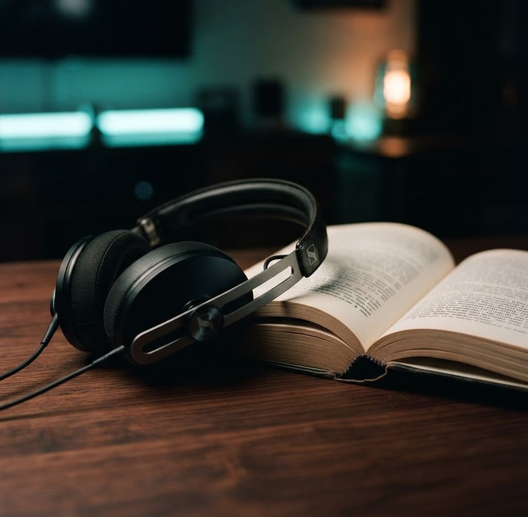 Minimalist digital photography, a close-up of sleek headphones resting on a dark wooden table next to an open book, soft teal and amber neon highlights, 35mm