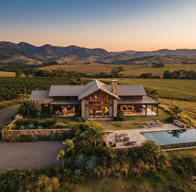 Wide shot of a luxurious modern farmhouse in Minas Gerais at golden hour, architectural details, expansive agricultural land, clear sky, 35mm, editorial photography.
