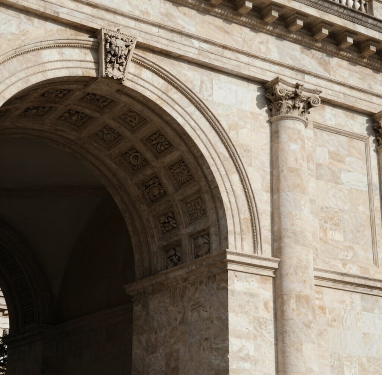 An architectural detail of a historic stone archway with classical carvings, soft directional natural light casting deep shadows, elegant and prestigious feeling.