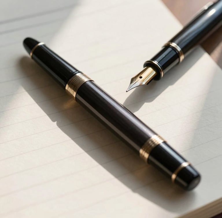 A close-up of a classic fountain pen resting on a heavy cotton ledger, soft afternoon light casting long shadows across the textured paper.