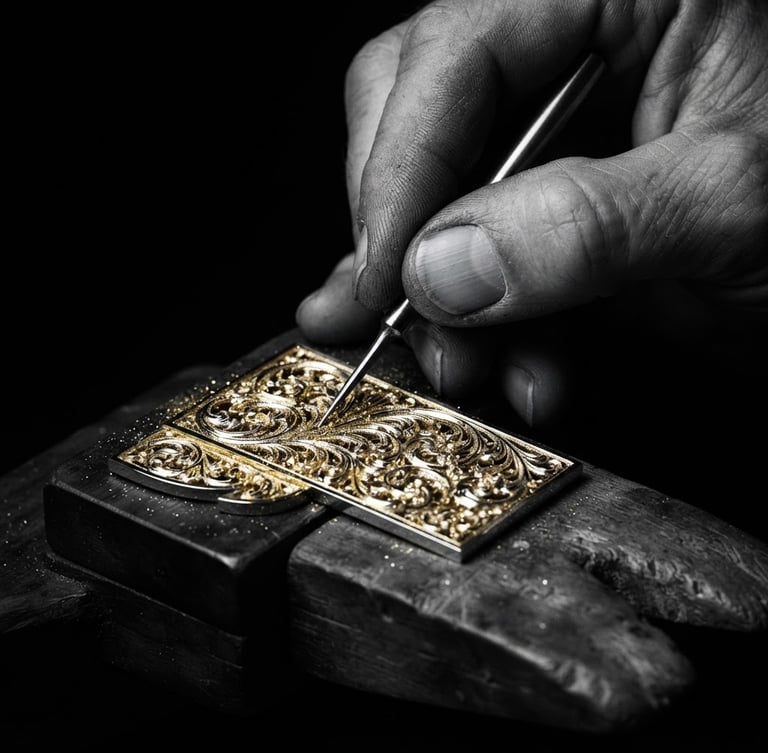 High-contrast black-and-white macro photograph of a master artisan hand-carving intricate gold filigree, sharp gold reflections shining through, dramatic directional studio lighting, deep obsidian background, 85mm lens