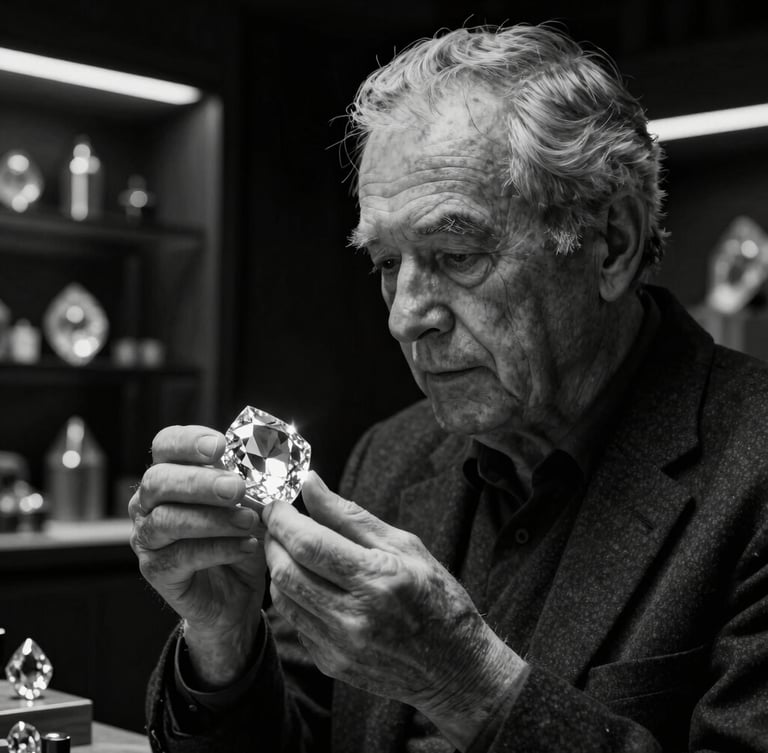 High-contrast black-and-white portrait of an elderly master craftsman studying a raw diamond, dramatic directional spotlight casting deep shadows, sharp specular highlights, luxury showroom background, 85mm lens