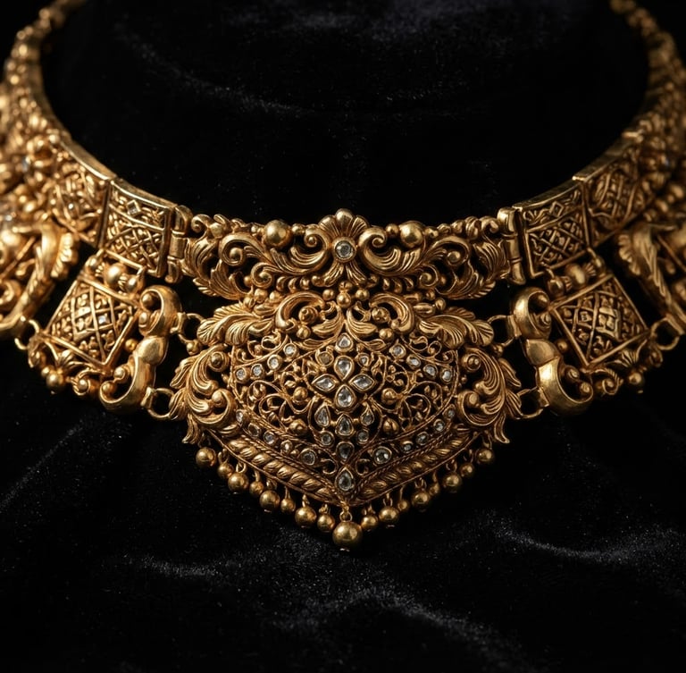 Macro close-up of heavy hand-carved 22k gold bridal choker, deep shadows, dramatic studio lighting on intricate filigree, gold reflections on black velvet