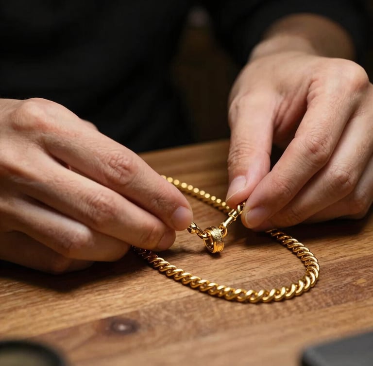 Hands of an artisan carefully polishing a heavy gold necklace on a wooden workbench, warm golden light, dark background