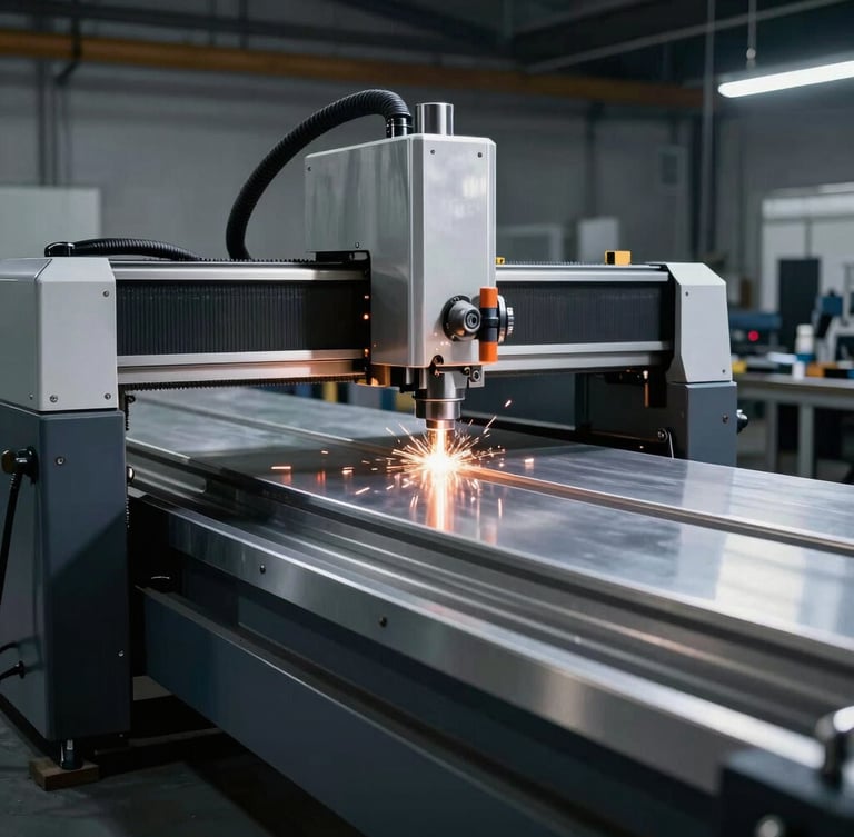 A clean, modern CNC metal fabrication workshop, dramatic side-lighting, cold metallic silver and deep charcoal tones, sparks flying from a laser cutter in the distance, sharp focus, 35mm
