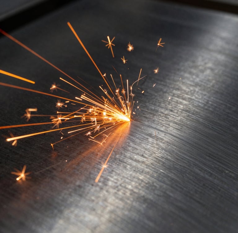 Macro shot of brushed steel texture with intense orange laser cutting sparks, dramatic side-lighting, industrial architectural photography, 35mm