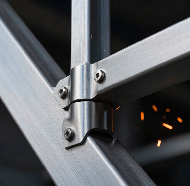 Macro detailed shot of high-end brushed steel joint on an architectural structure, dramatic orange sparks in the background, sharp industrial lighting, 35mm