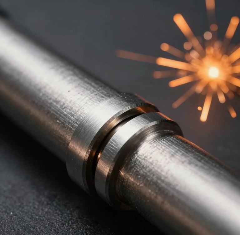 Macro close-up of brushed steel joint with clean industrial side-lighting, orange laser cut sparks in background, architectural precision, 35mm