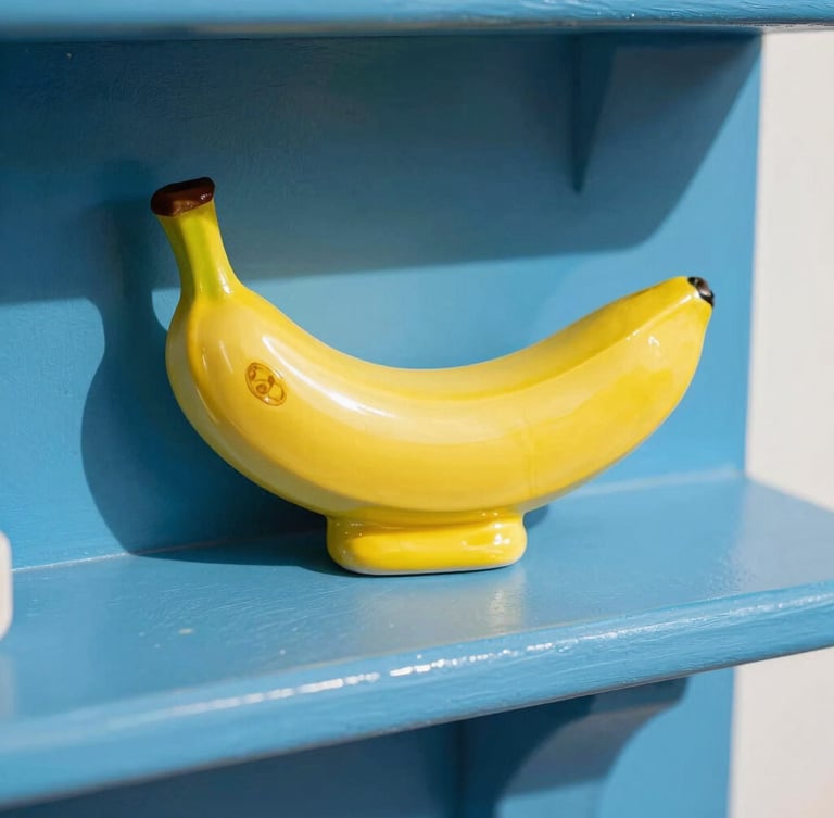 Close-up of a bright yellow ceramic banana sculpture on a cobalt blue mantelpiece, direct sunlight with sharp playful shadows, vibrant retro-pop aesthetic
