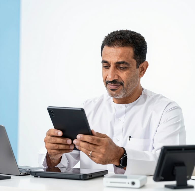 Close-up of a local Egyptian merchant carefully inspecting electronics products, bright studio lighting, clean white background, emphasizing quality control and authenticity.
