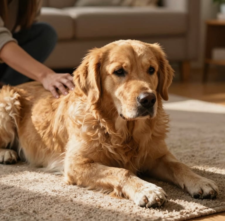 A calm golden retriever resting on a soft rug in a sunlit living room, a foster parent's hand gently resting on its shoulder, warm golden hour light.