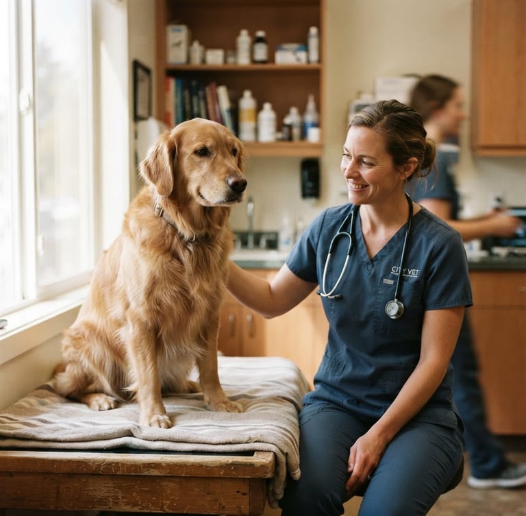 Warm documentary photograph of a recovered golden retriever sitting calmly beside a veterinarian in a sunlit clinic, eye-level framing, shallow depth of field.