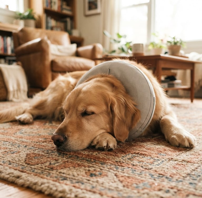Warm documentary eye-level photograph of a recovering golden retriever resting calmly on a soft rug in a sunlit living room, soft natural window light, shallow depth of field