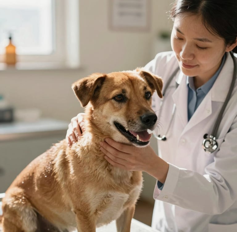 A veterinarian gently examining a calm, healthy mixed-breed dog in a warm, sunlit clinic room, soft natural lighting, documentary style
