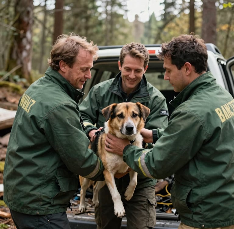 Documentary-style photo of rescue responders in forest-green jackets carefully transferring a dog from a disaster zone to a transport vehicle, soft natural light.