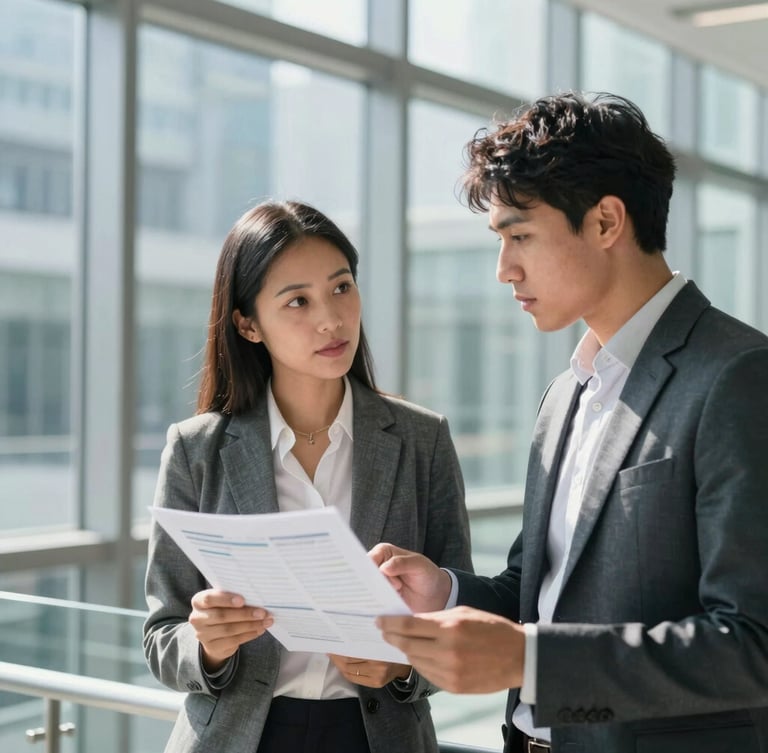 A seasoned business executive (female, diverse) in conversation with a young professional (male, diverse) in a modern, glass-walled office, both looking at a financial report, bright natural daylight, professional cool tones, shallow depth of field.