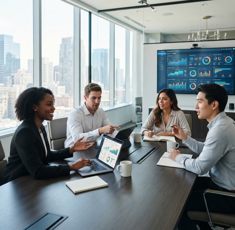 Diverse group of professional students collaborating in a modern, sunlit corporate boardroom, a large screen displaying business analytics, crisp corporate environment, natural daylight, shallow depth of field.