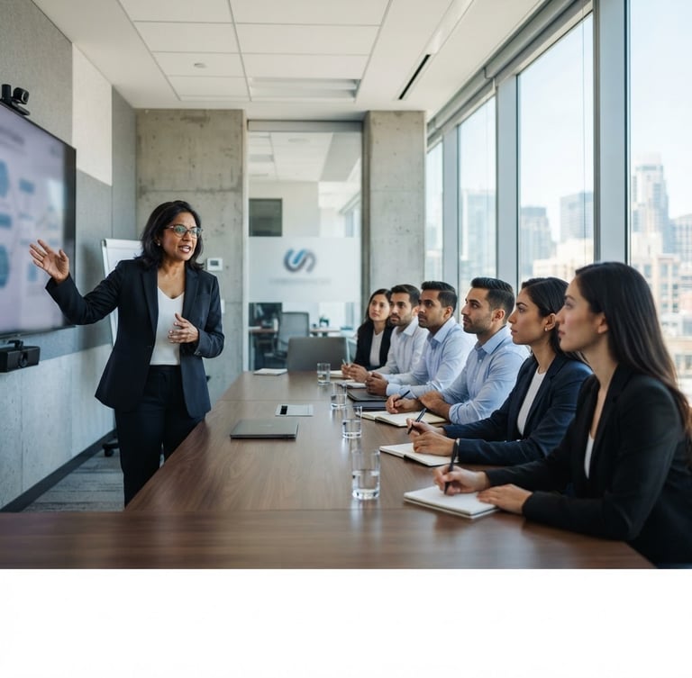 Diverse faculty member presenting a business strategy to engaged students in a modern, bright boardroom, natural daylight, crisp corporate environment, professional cool tones, shallow depth of field. Panoramic 21:9 frame, presenter off-center to the left, audience to the right, expansive modern room.