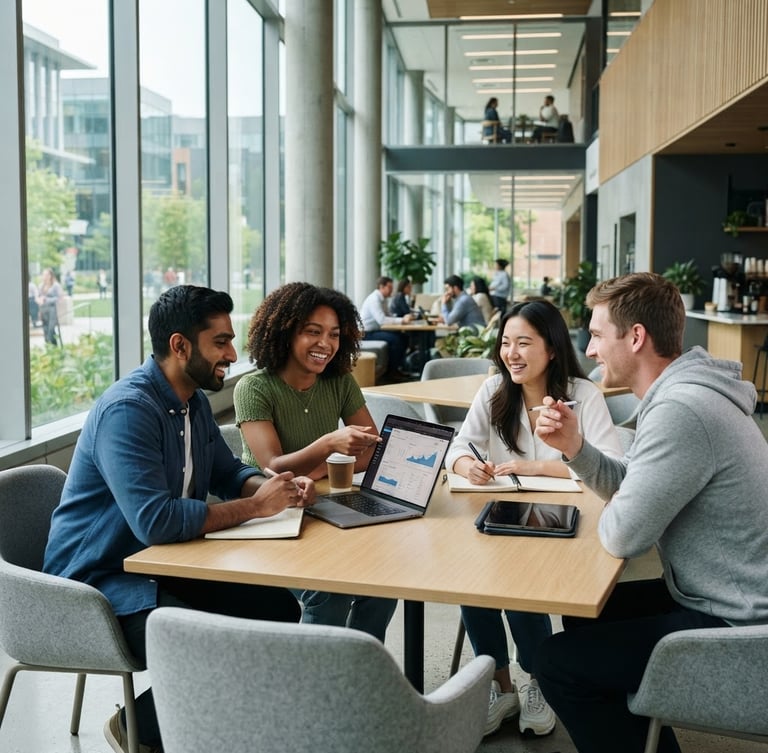 Diverse students collaborating in a modern, bright corporate campus lounge with natural daylight, crisp architectural lines, professional cool tones.